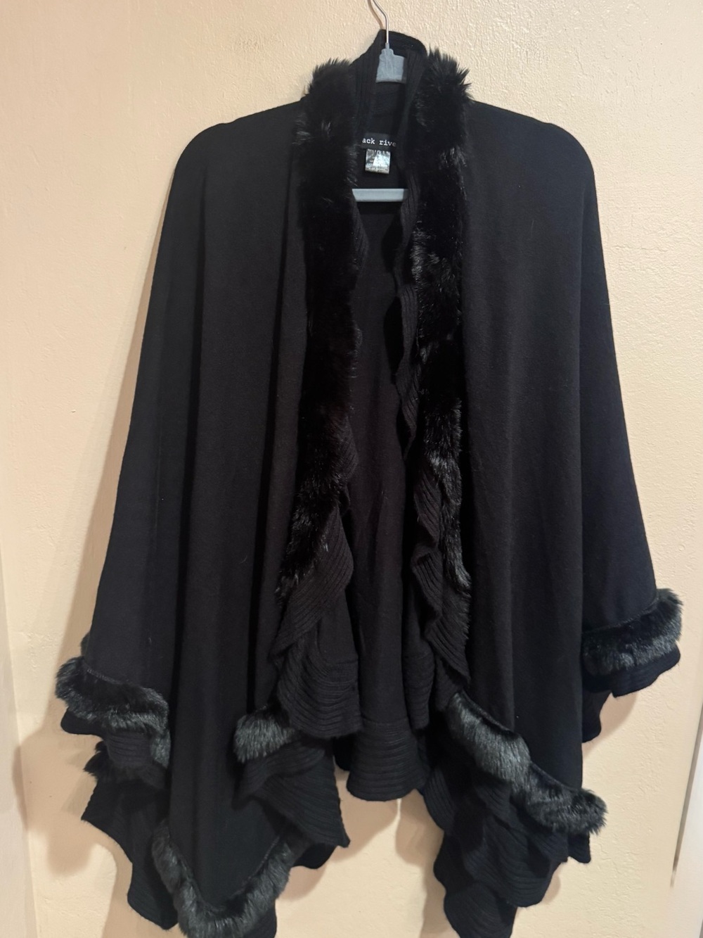 Black Rivet Black Faux Fur-Trim Open Cape